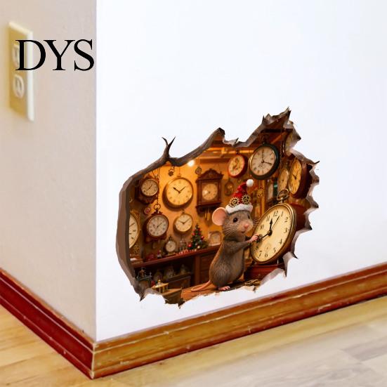 Mouse Hole Wall Decal 3D Christmas Sticker, Waterproof PVC Decal, Creative Festive Home Decoration Scene Easy Apply for Holiday Living Room
