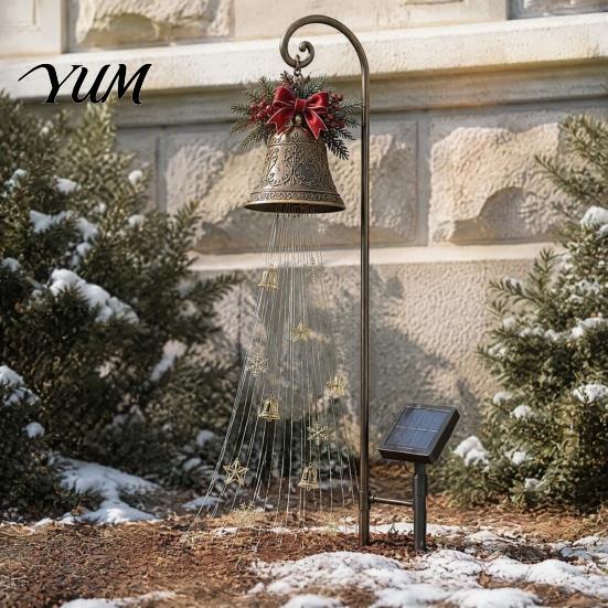 Iron Art Holiday Displays Solar Christmas Bell Waterfall Light, LED Metal Garden Stake with Red Ribbon, Festive Front Yard Illumination Auto