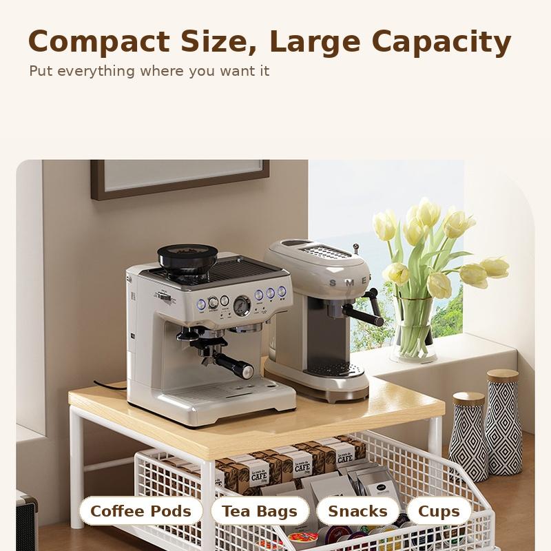Estante de Almacenamiento para Cafetera Cajón Extraíble Organizador Estante de Encimera de Hierro y Madera para Bolsitas de Té Cápsulas de Café Tazas Snacks Cocina