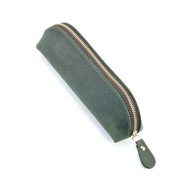 Crazy Horse Leather Zipper Pencil Case Handmade Genuine Leather Retro Pen Organizer Bag