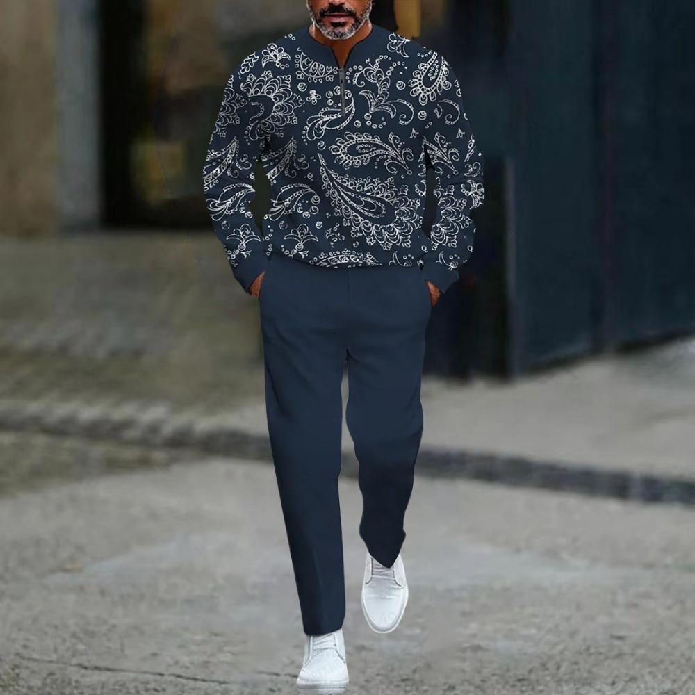 Spring Autumn 3D Printed Fashion Men's Long-Sleeved Sets Half-Zipper Stand-Up Collar Men's Casual Sportswear Two-Piece set