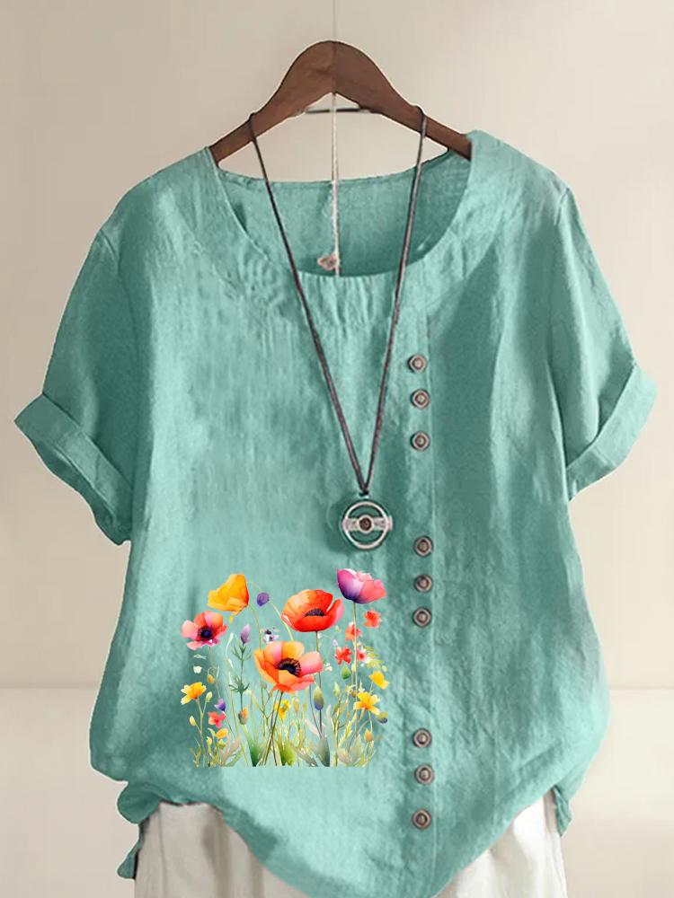 Women's Fashion Flower Print Casual Cotton Linen Short Sleeve Round Neck T-shirt Shirt Leisure Loose Summer Blouse Tops