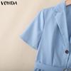 VONDA Women Elegant Short Sleeve Belt Casual Mini Pleated Dress