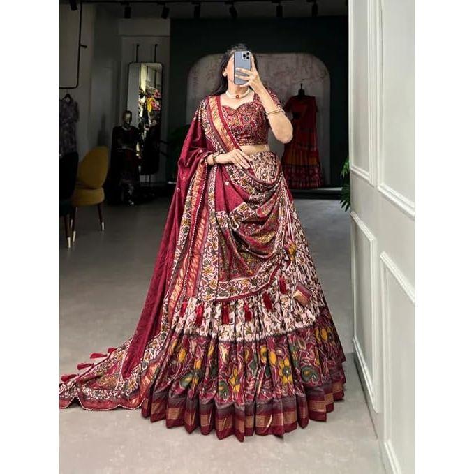 Dámská dokonale Kolekce Tussarové hedvábí Lehenga Choli Patola potisk s fóliovou prací, Nesešitá halenka,