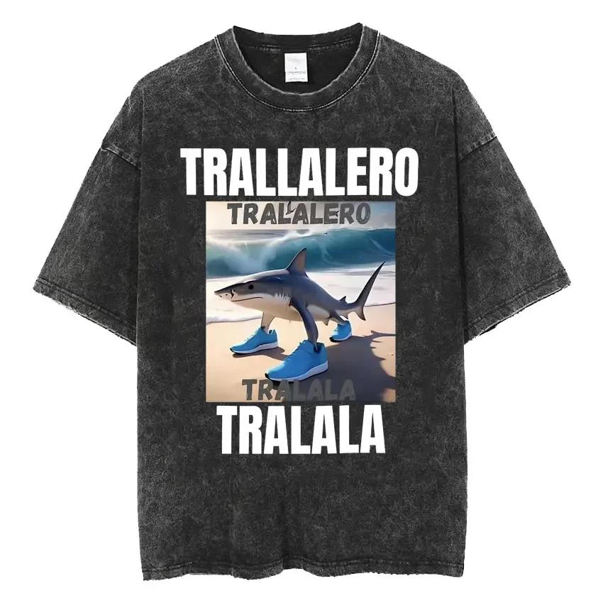 Shark Funny Reptile Gag T-shirt Men's and Women's Hip-hop Fashion Retro Washed Vintage T-shirt Casual Loose T-shirt