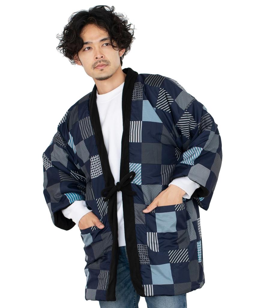 KYOETSU Men's Winter Fleece Hanten (1. Navy Checkered Pattern, Size M)