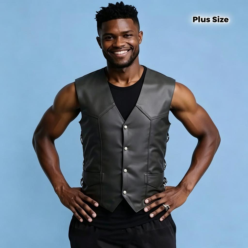 Men's Leather Vest V-Neck Single-breasted Side Strap Sleeveless Top Motorcycle Vest