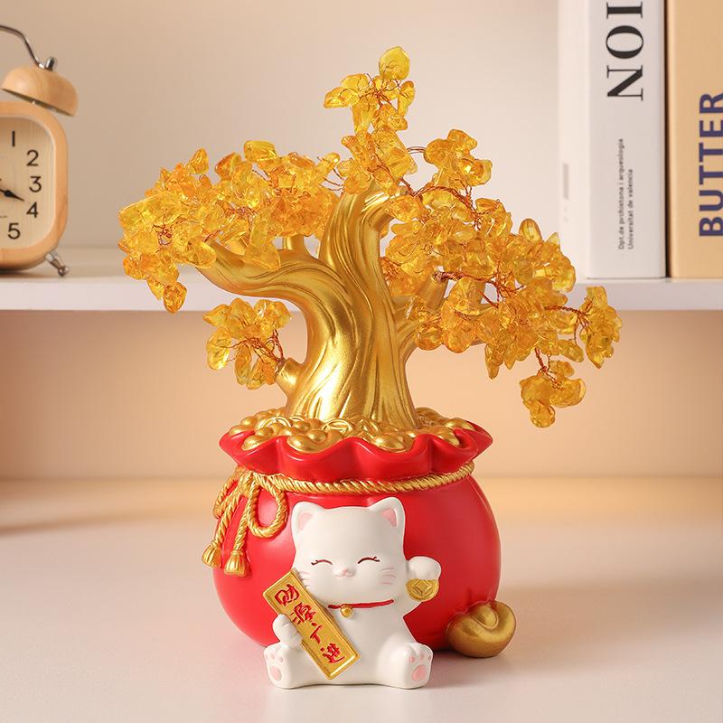 Facai Tree Zhaocao Resin Ornaments Opening TV Cat Living Room House Moving New House Living Room Nice Tabletop Decoration Gift Idea