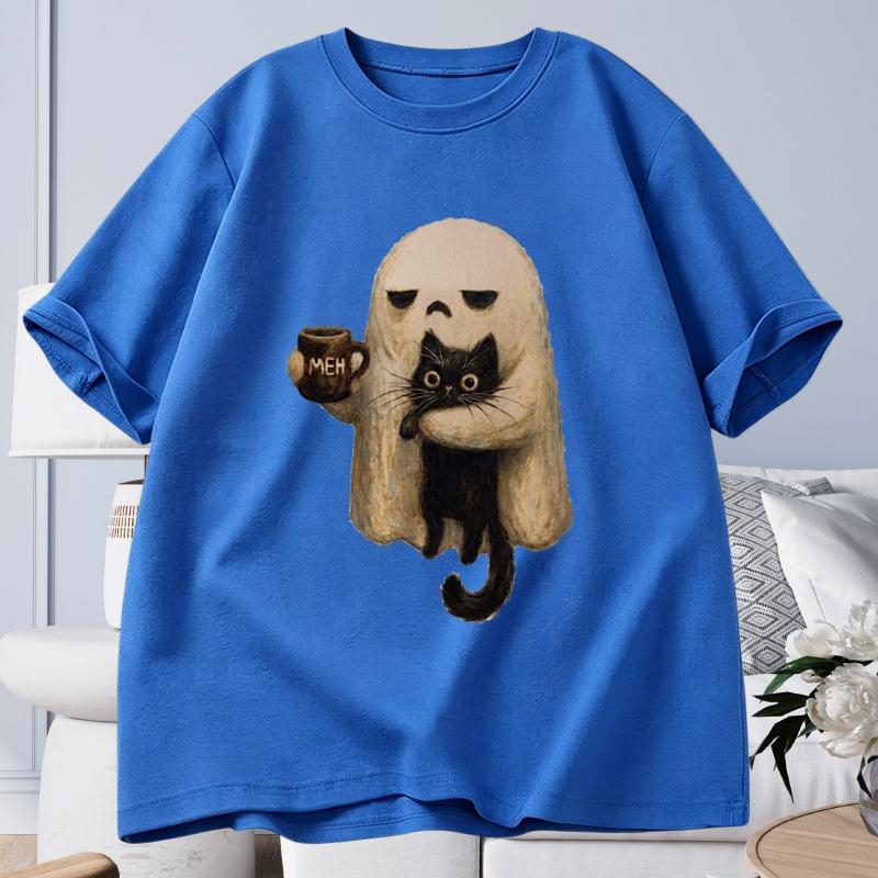 GhostCat Spooky Black Cat Aesthetic Graphic Tops Women Unisex Tshirts Funny Introvert Halloween Coffee Lover Gift Ins Yk Clothes