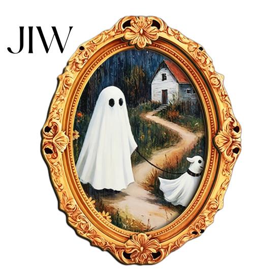 Cute Ghost Oil Painting Magnets Vintage Halloween Fridge Magnet, Retro Gold Frame Refrigerator Decoration Decorative Magnetic Photo Frames with Strong