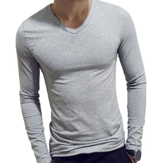 Men Shirt Solid Color Pullover Casual V Neck Long Sleeve Slim Autumn Base Shirt for Daily Wear