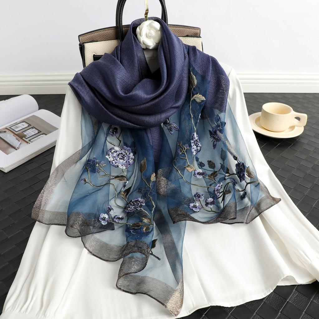 Lady Floral Embroidery Silk Wool Scarf Luxury Plaid Women Hijab Female Beach Stoles Shawl Wrap Headbands Scarves Bandana