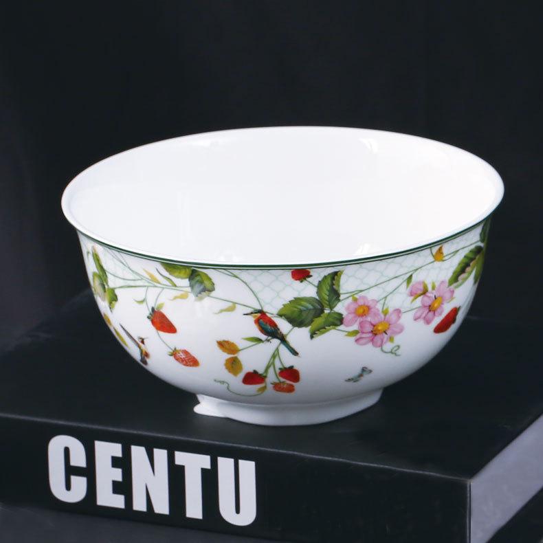 Wild Strawberry Bone China Tableware Set: Ceramic Bowls, Plates, Coffee Cups, and Tea Accessories.