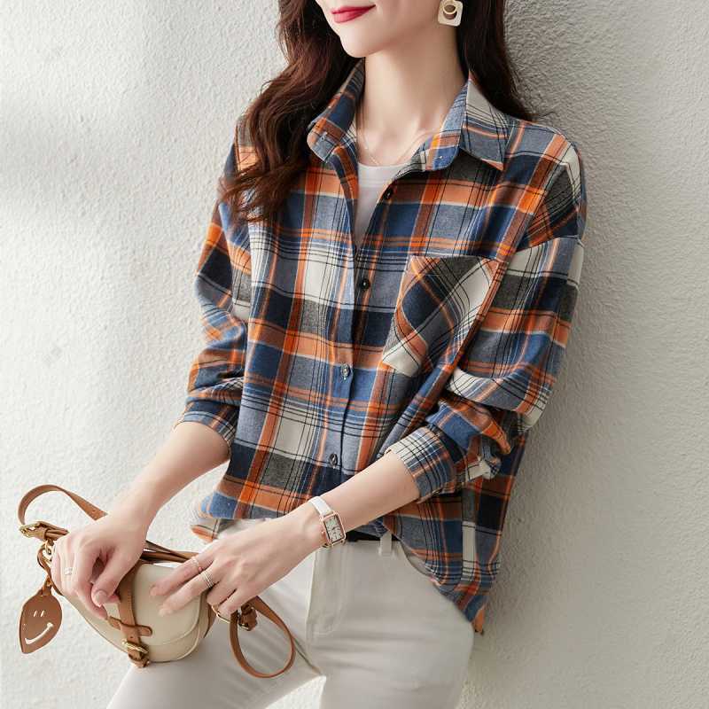 Women Lapel Plaid Button Down Shirt Long Sleeve Loose Casual Pocket Blouse Vintage Commuter Spring Tops