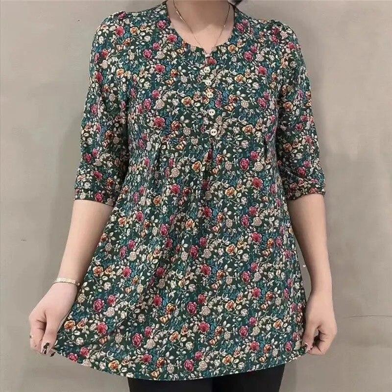 Women's Spring and Summer Plus Size Tall Elastic Loose Round Neck Mid Length Shirt Thin Section Five Minute Sleeve Shirt