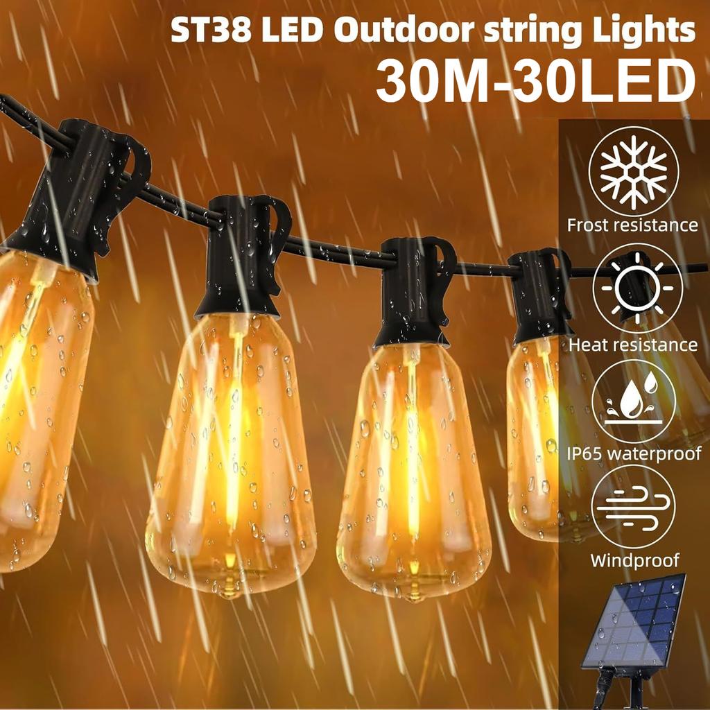 Outdoor Solar String Lights Waterproof 58FT with 15-30 Shatterproof ST38 LED Bulbs Outdoor with Remote Solar String Lights for Camping Yard Party