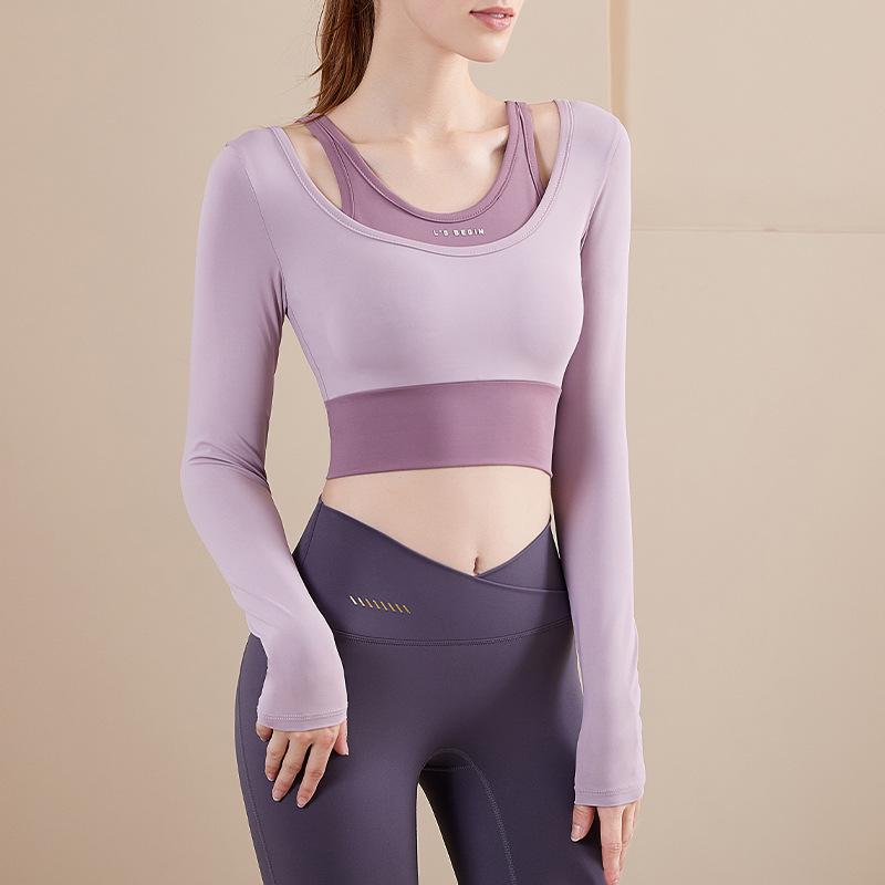 

Женский топ для йоги с длинными рукавами и накладками на грудь — быстросохнущий, имитация двух частей для занятий спортом, бега и пилатеса. XL фиолетовый/розовый