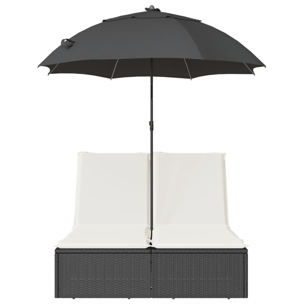Double Sun Lounger with Cushions & Sun Umbrella Black Poly Rattan