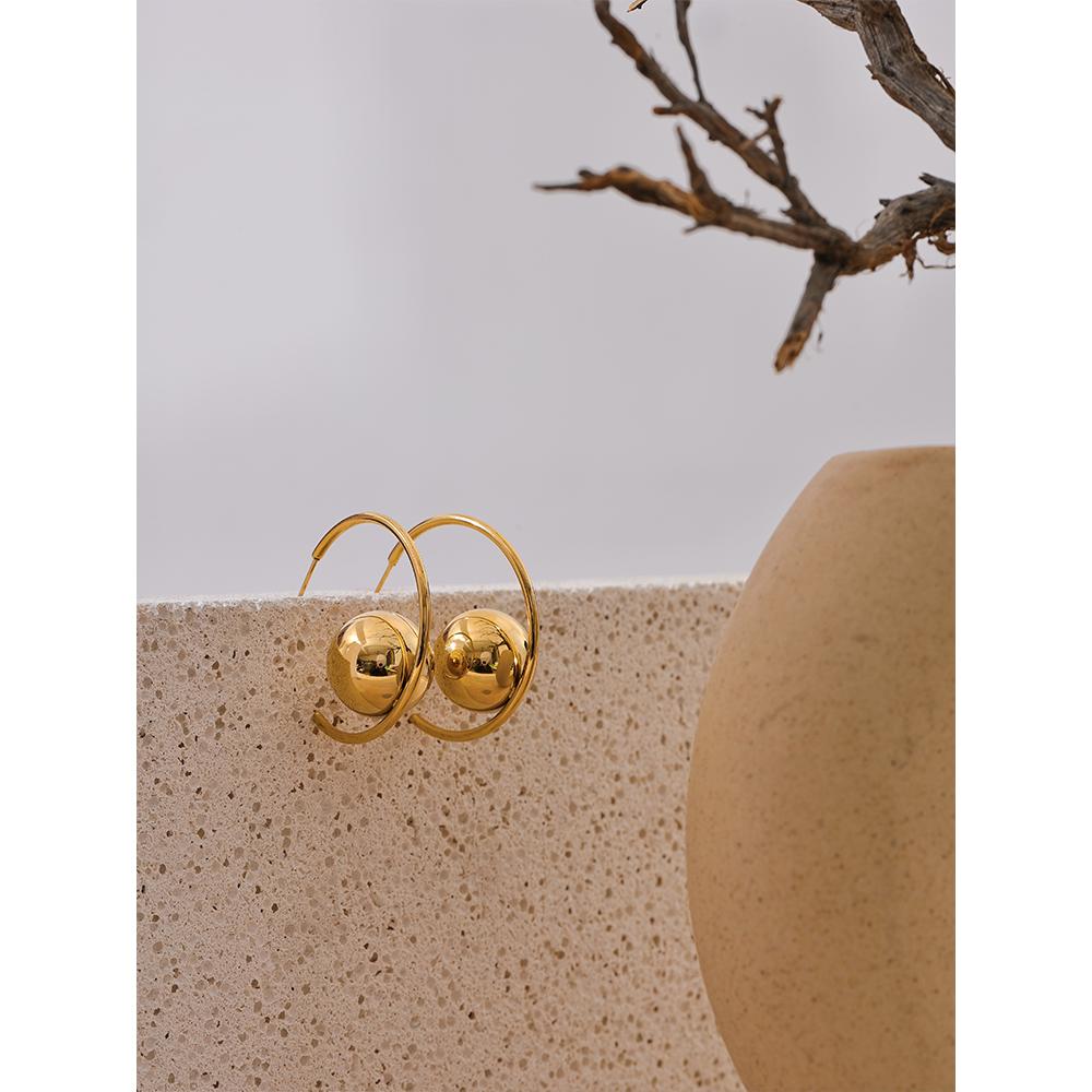 Yhpup Trendy Stainless Steel Round Ball Metal Huggie Earrings Gold Silver Color Temperament Personalized Versatile Jewelry