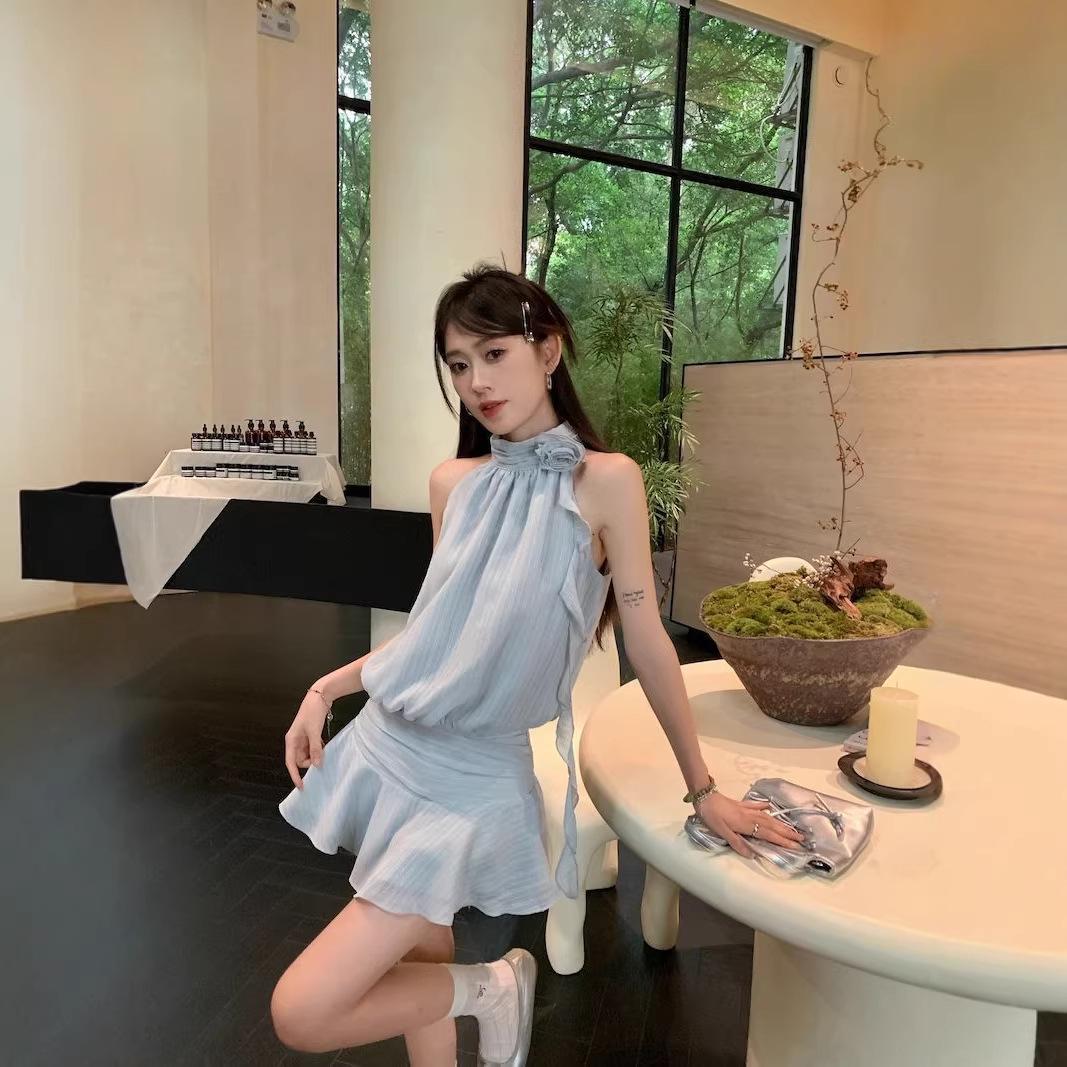 Halterneck Sleeveless Striped Blue Dress - French-Inspired Design for Women L