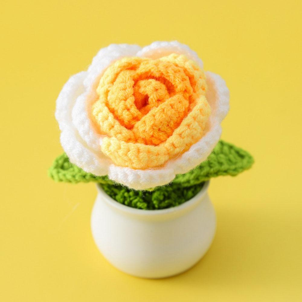 DIY Handwoven Mini Potted Flower Rose Tulip Daisy Office Desktop Ornamental Plant Woolen Thread Finished Product Home Decoration