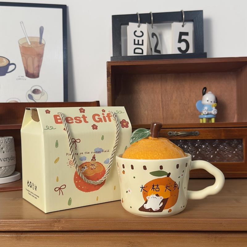 Daji Dali Orange Ceramic Cup with Lid Cute Cat Mug New Year Gift Coffee Cup Office Water Cup