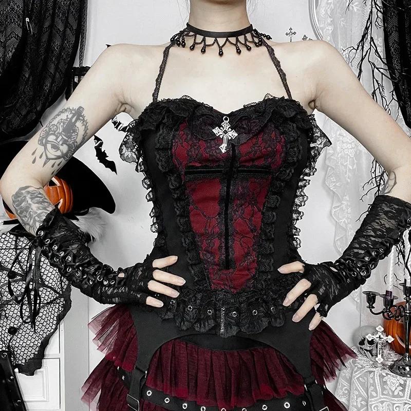 AltGoth Gothic Hotsweet Camisole Damen Vintage Ästhetik Y2k E-Girl Hipster Spitze Patchwork Neckholder Crop Tank Tops Cosplay Kleidung