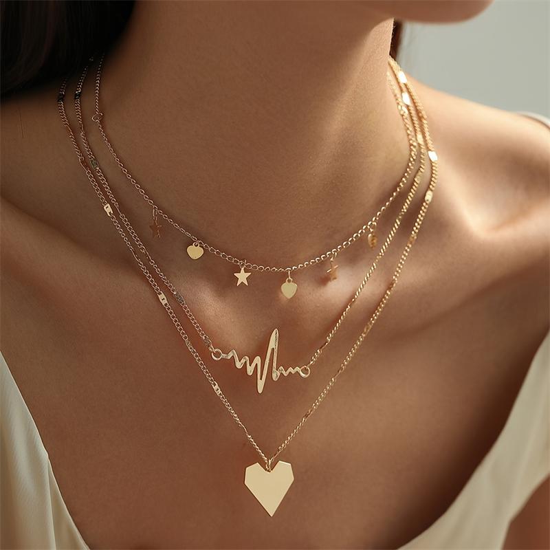 Vintage Gold Color Multi-layer Chain Stacked Necklace For Women Trendy Minimalist Geometric Pendant Necklaces Party Jewelry Gift