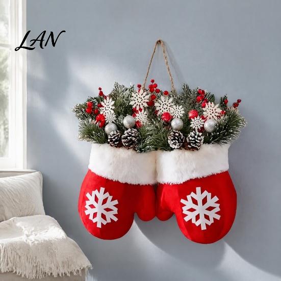 Holiday Front Door Decor Christmas Mitten/Stocking Wreath, Decorative Artificial Wreath with Berries Pine Cones, Cone Berry Branches, Hanging