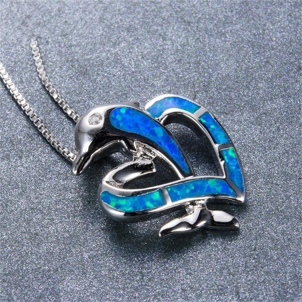 Boho  Animal Dolphin Heart Pendant Necklace for Women Girl  Imitation Blue Opal Necklace Wedding Jewelry