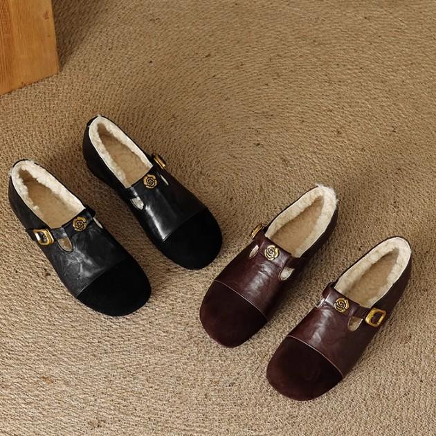 

Camellia flat Mary Jane shoes women s winter T-strap piled thickened single shoes small leather shoes lamb wool warm cotton shoes 35 чёрный