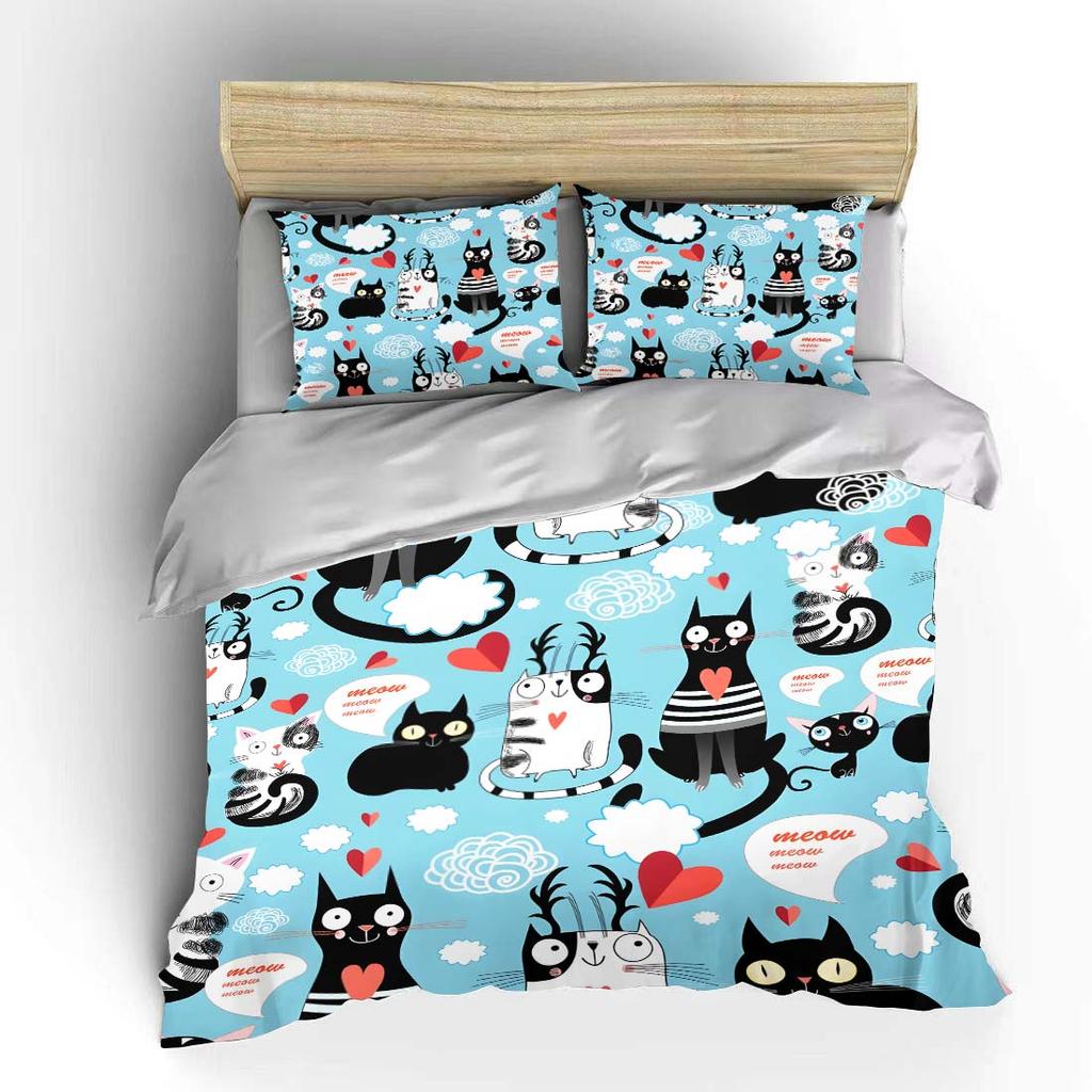 Cartoon cat and heart illustration Bedding Set for Kids Luxury Gift 3pcs Digital Print Comforter Set Soft Comfortable Breathable