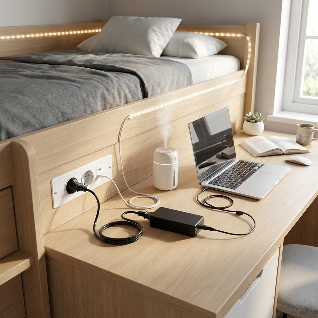 Ukryte w meblach gniazdko zasilające, wpuszczane w blat stacji zasilającej z portami USB do uporządkowanego biurka, blatu kuchennego