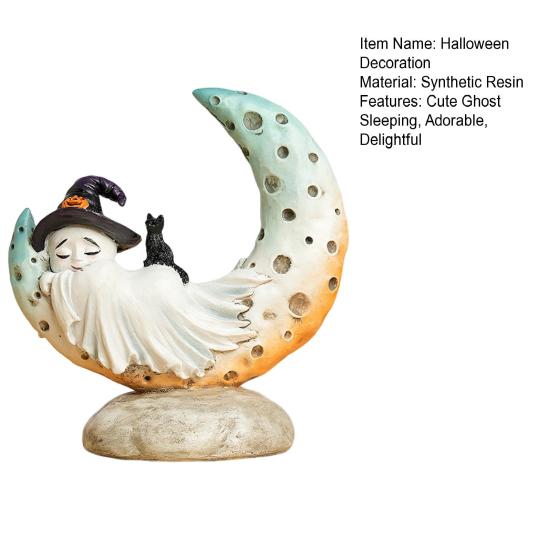 Sovende spøkelse på en månestatue Halloween-spøkelse sovende figur med svart katt Søt harpiksspøkelsesskulptur for hjemmebordhylledekor