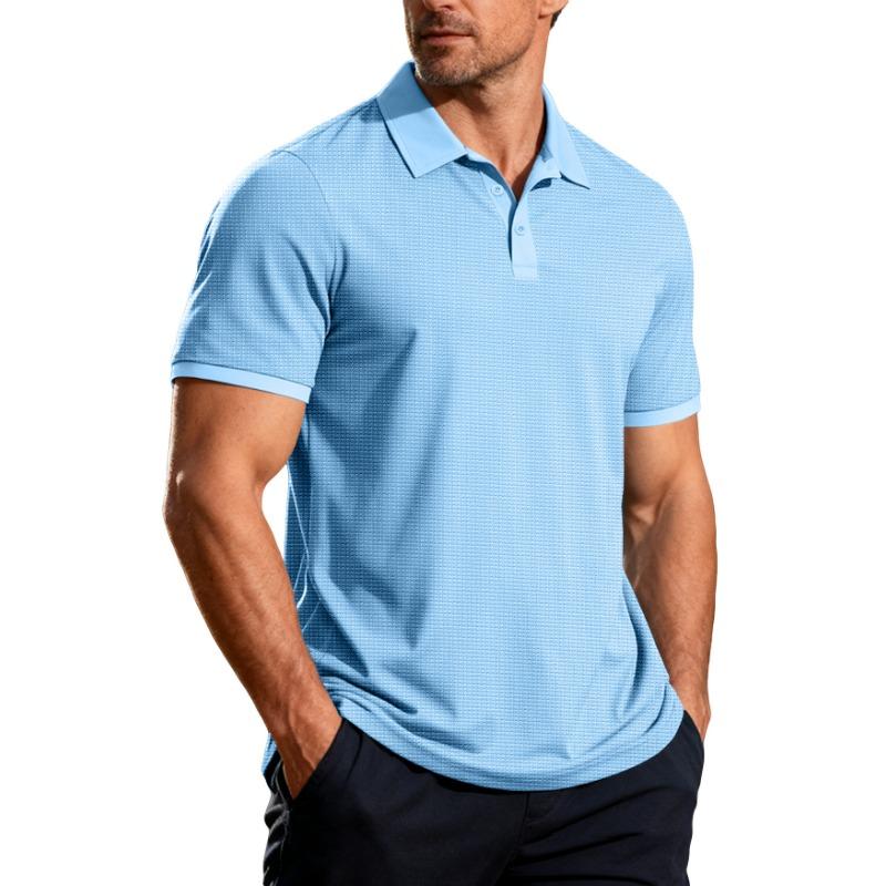 Men Dark Grey Waffle Knit Polo Shirt with Contrast Collar Cuffs Short Sleeve Casual Business Top