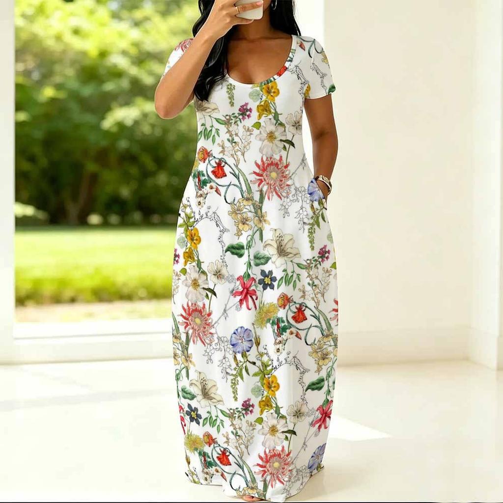 Women Loose Fitting Round Neck Dress Short Sleeve Plus Size Apparel For Summer Casual Daily Activities