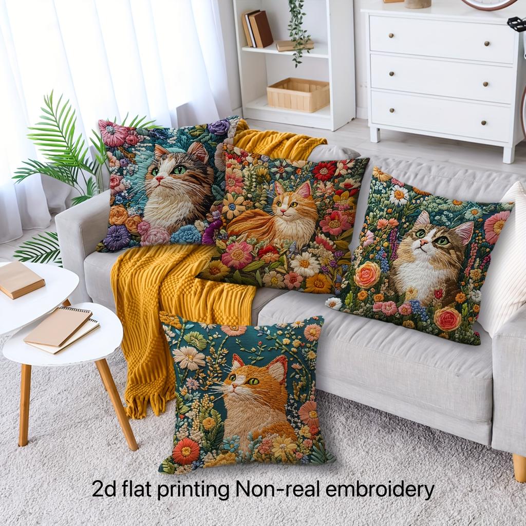 1/4pcs Vintage Cat and Flower Print Throw Pillow Covers Soft Square Cushion Cases For Home Sofa Bedroom Decor Cushion Cover
