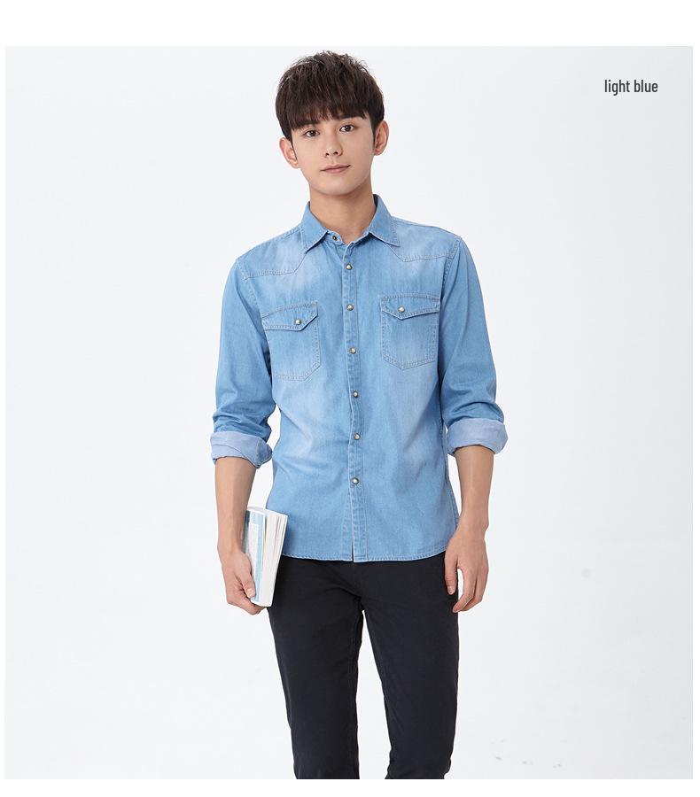 Men's Trendy Spring Classic Cotton Denim Long-Sleeve Shirt with Double Pockets