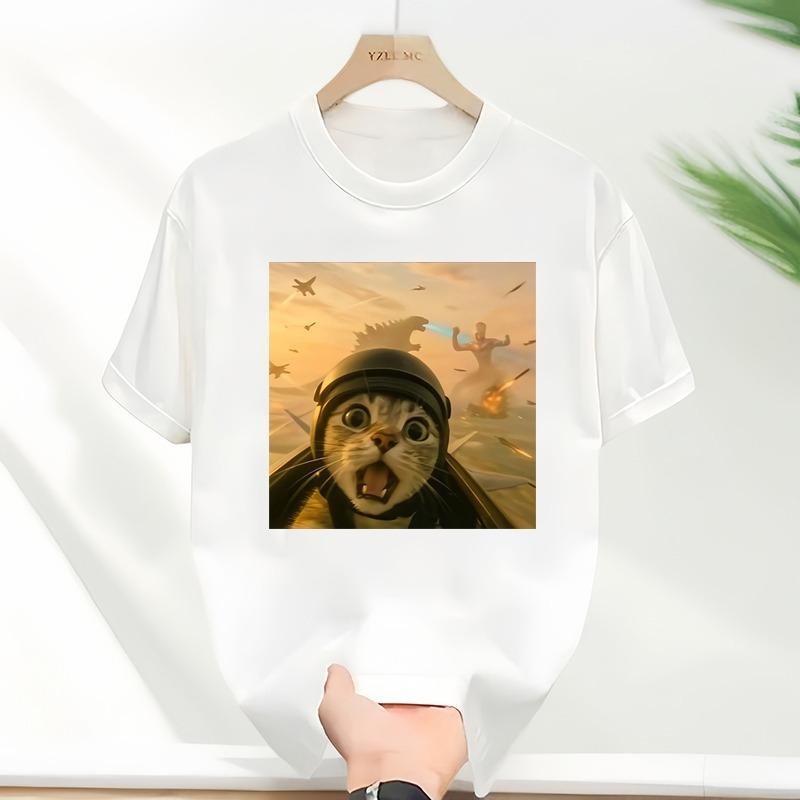 White TShirt Helmet Wearing Tabby Cat Print Background With Fighter Jets Missile Explosion Battle Scene Funny Creative Top