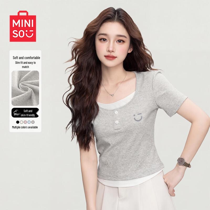 MINISO Women s Short Sleeve Henley T-Shirt L