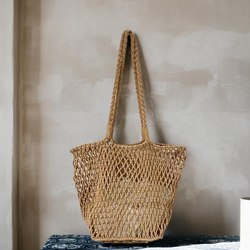 Hollow Cotton Rope Handwoven Fishnet Bag - Lazy Vintage Cotton Shoulder Tote for Beach Vacation