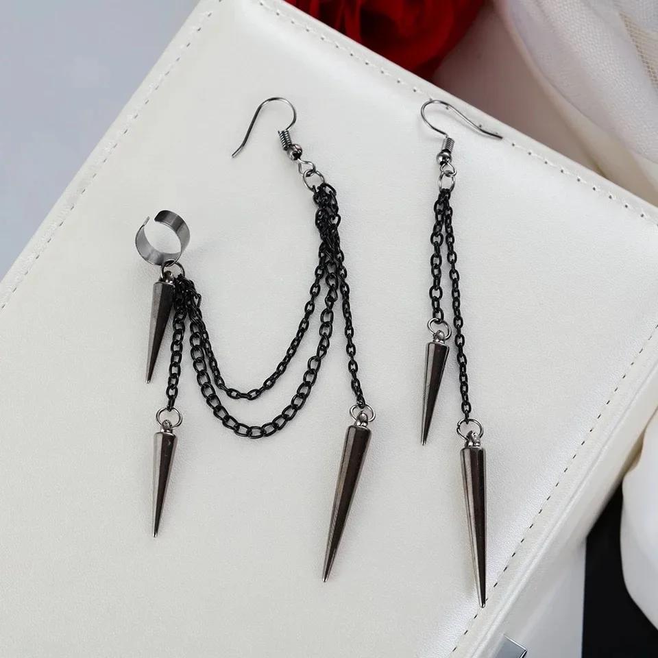 Punk Style Black Rivet Dissymmetry Long Tassel Dangle Earrings for Women Personality Hip Hop Rock Punk Jewelry Accessory Gift
