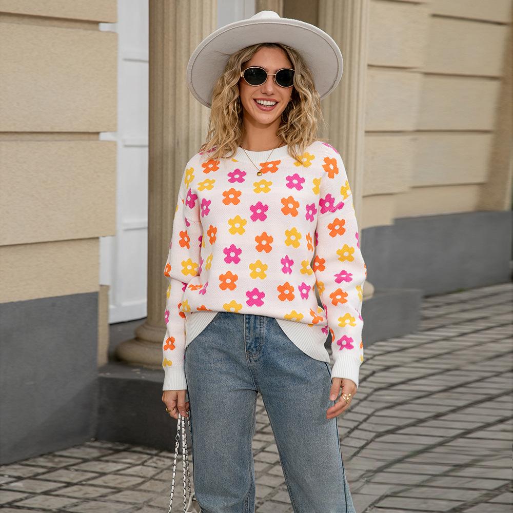 Autumn New Pullover Crew Neck Sweater Women's Versatile Flower Printing Warm Threaded Long Sleeve Knitted Top Women's