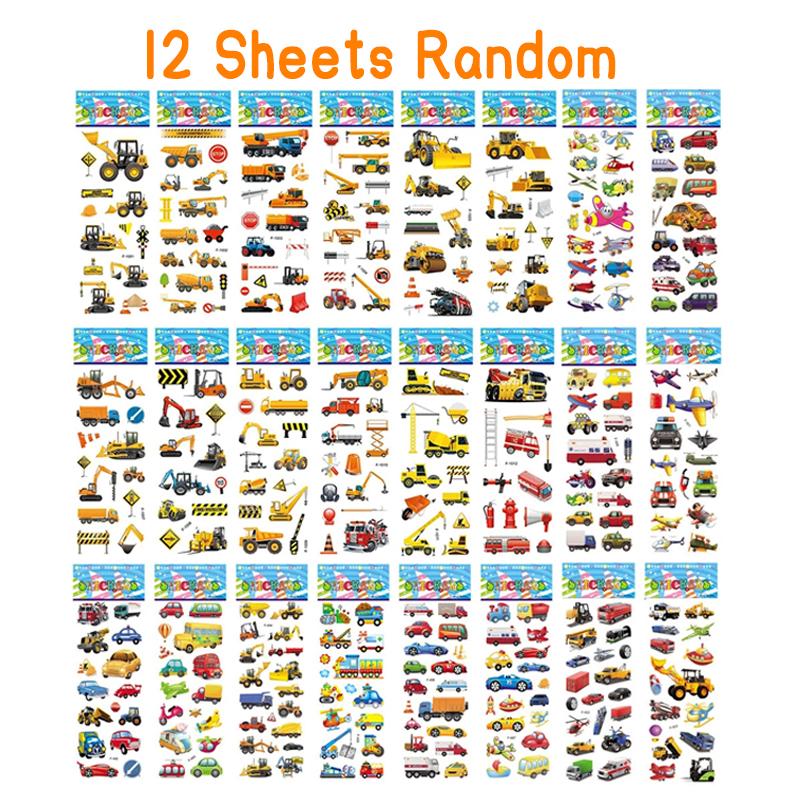 6/12 Sheet 3D Puffy Stickers for Kid Engineering Vehicle Excavator Stickers Cartoon Cars Stickers Toys for Children Gift for Boy