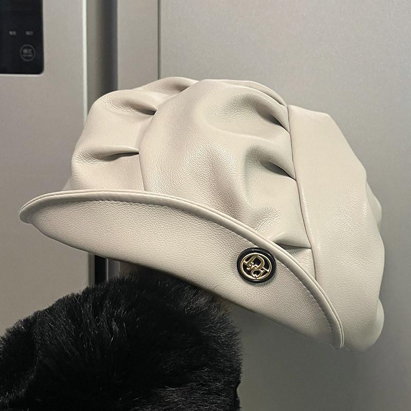 Pu Trendy Leather Beret For Women Vintage Style Sun Protection Cap Painter