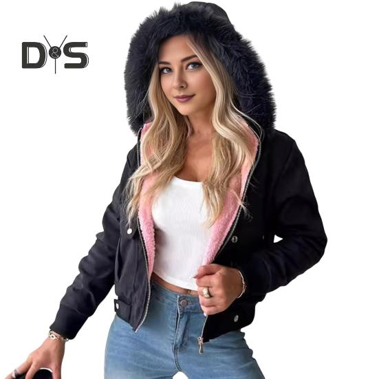 

Женское зимнее пальто с капюшоном из плотного плюша, застежка-молния, длинные рукава, однотонная короткая куртка с карманами, верхняя одежда для вечеринок, офиса, свиданий и вечеринок M чёрный