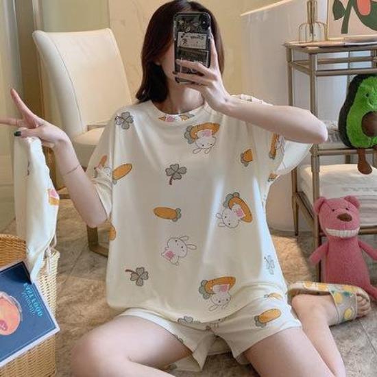 GMXIA Cute Panda Pajamas for Women In Summer, Short Sleeves and Shorts, Large-sized and Thin Summer Casual Home Wear Set