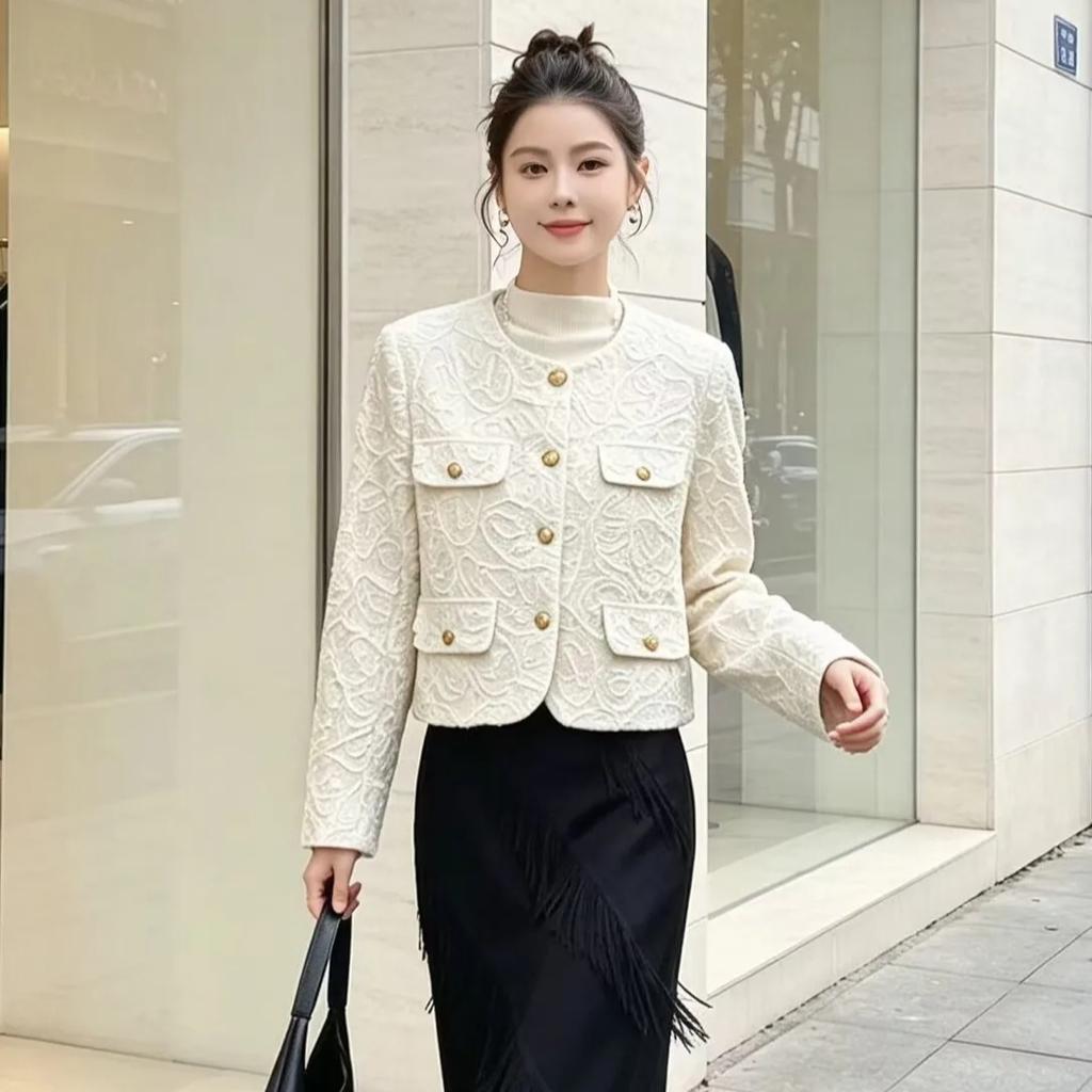 Streetwear Casual Jacquard Lace Jacket for Women Spring Autumn Korean Fashion 2026 Vintage O-Neck Long Sleeve Embroidery Short Coat