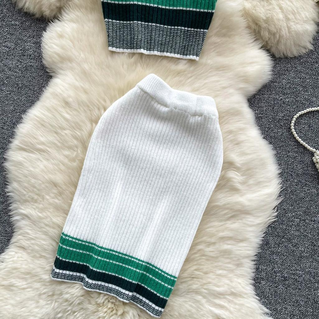 Summer Women Sexy Knitted Striped Sweater Halter Tops Vest and Mini Short Bodycon Sheath Skirt Two Piece Set