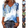 Women V Neck Loose Fit Casual Shirt 3/4 Sleeve Floral Print Lightweight Blouse Comfortable Daily Wear Top